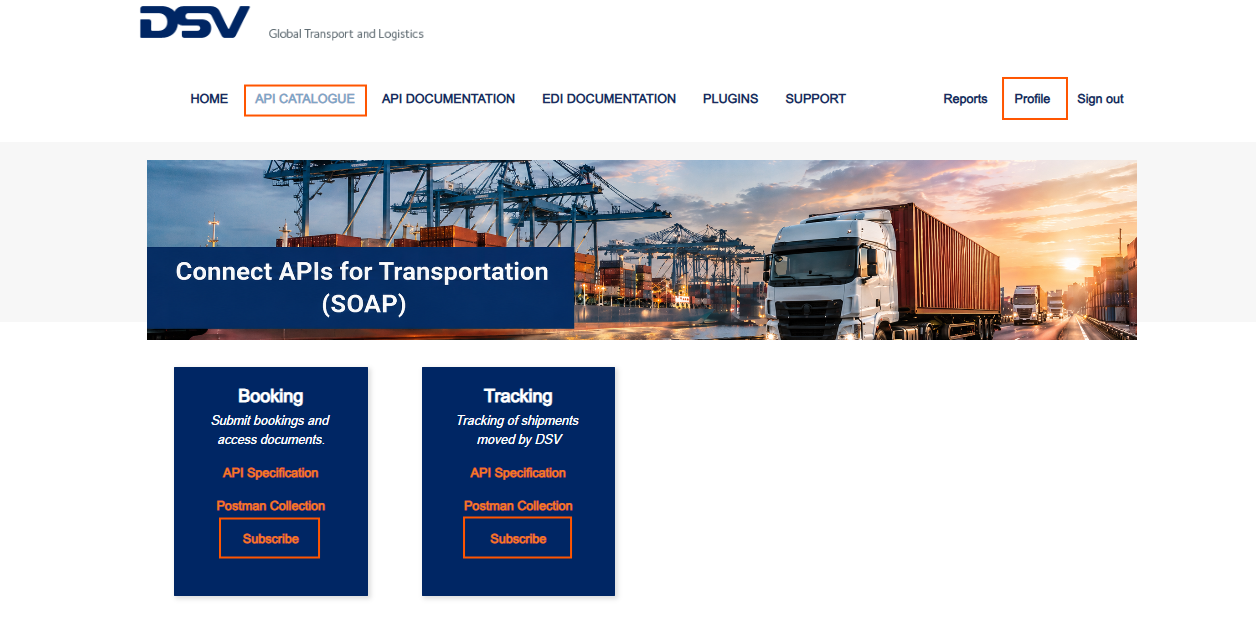 DSV Developer Portal API Catalogue and Connect SOAP API subscription page